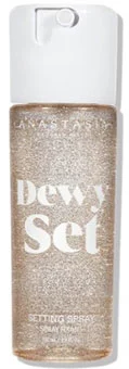 Bottle of Anastasia Beverly Hills Dewy Set Setting Spray with shimmering gold detail.