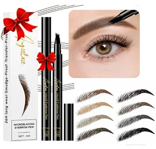 A close-up image showcasing the ANGIEHAIE Microblade Eyebrow Pen pack featuring an applied eyebrow look and various eyebrow shades displayed alongside the product.