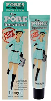 A tube of Benefit Cosmetics' The POREfessional face primer for minimizing pores displayed beside its attractive packaging featuring a retro inspired illustration of a woman in a mint-green outfit.