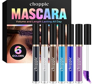 A box of Choppie multicoloured waterproof mascara featuring six vibrant shades showcasing labels for volume and length, designed for long-lasting wear on lashes.