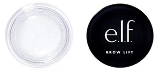 A clear jar of e.l.f. Cosmetics Brow Lift product displayed alongside its black packaging, showcasing the brand logo and product name prominently.