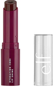 e.l.f. Hydrating Core Lip Shine lipstick with cap, showcasing rich color and hydration core.