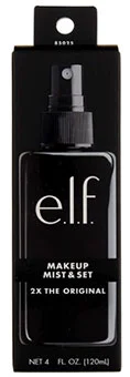 Black bottle of e.l.f. Makeup Mist & Set, 120 ml in original packaging.