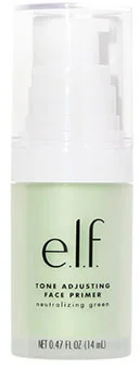 A 14ml bottle of e.l.f. Tone Adjusting Face Primer in neutralizing green featuring a sleek pump dispenser.