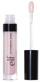 e.l.f. lip plumping gloss with applicator displayed, featuring a soft pink shade and black cap.