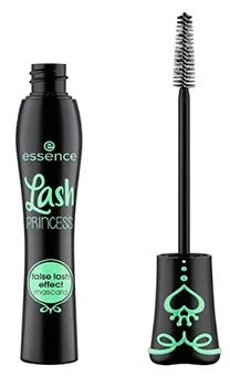 A tube of Essence Lash Princess False Lash Effect Mascara with a unique black design and mint green accents accompanied by its applicator brush, showcasing its sleek and stylish packaging ideal for enhancing eyelashes.