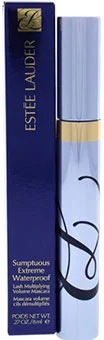 Estee Lauder Waterproof Lash Multiplying Volume Mascara in blue packaging with a silver tube next to it.