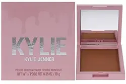 Kylie Cosmetics Pressed Bronzing Powder in 100 Khaki with a pink compact and open mirror.