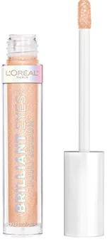 L'Oreal Paris Brilliant Eyes Shimmer Liquid Eye Shadow in a clear tube with a white applicator wand featuring a shimmering peach hue perfect for adding sparkle to eye makeup looks.