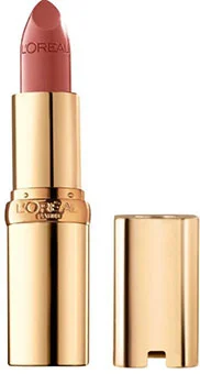 A tube of L’Oréal Paris Colour Riche Original Creamy Hydrating Satin Lipstick in a natural pink shade, displayed with the cap removed showcasing its creamy texture and elegant gold packaging.