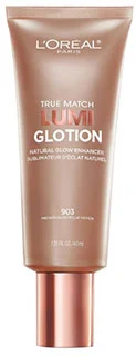 A tube of L'Oreal Paris Makeup True Match Lumi Glotion showcasing the natural glow enhancer with a light bronze hue.