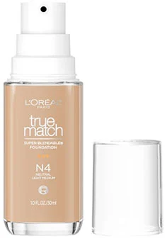 A bottle of L'Oreal Paris True Match Liquid Foundation in shade N4 featuring a pump dispenser and a clear cap showcasing the lightweight formula suitable for a natural finish.