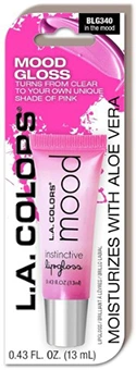 Packaging of L.A. COLORS Mood Lip-gloss In The Mood with aloe vera, featuring a pink tube that adapts to a unique shade of pink.