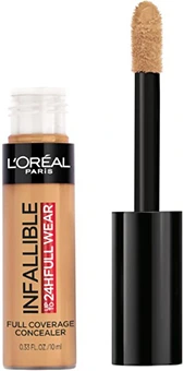 L'Oreal Paris Makeup Infallible Full Wear Waterproof Matte Concealer in Almond shade, shown with applicator and bottle.