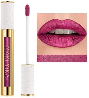 Maki Yika Metallic Pink Lipstick tube displayed alongside a close up of a model's lips wearing the same lipstick color.