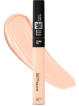 A tube of Maybelline New York Fit Me Liquid Concealer with a light peach shade swatch.