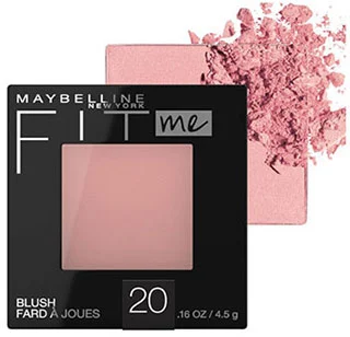 Maybelline Fit Me powder blush in shade 20 with a soft pink hue, shown in its packaging and as a crushed sample.