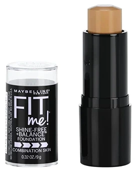 Maybelline New York Fit Me Shine Free + Balance Stick Foundation in Natural Beige showing a black cylinder tube with the brand name prominently displayed on the packaging. 