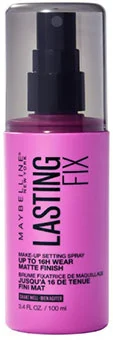 Maybelline Lasting Fix Matte Finish Makeup Setting Spray in a pink bottle with spray nozzle.