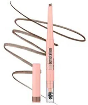 Maybelline Total Temptation Eyebrow Pencil with cap off and brush end visible, alongside swatches of the product.