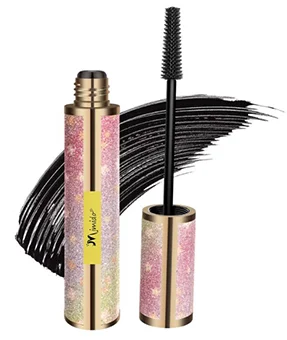 A close up of Mimido 4D Silk Fiber Black Waterproof Mascara showcasing its elegant packaging with a glittering pink and gold design, alongside a bold black mascara brush and a streak of mascara, illustrating its texture and application.