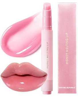 A Nature Republic HONEY MELTING Lipgloss tube in pink, accompanied by a swatch and glossy lips, highlighting the product's smooth and glossy finish.