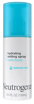 Neutrogena Hydro Boost Hydrating Makeup Setting Spray bottle with blue cap and hyaluronic acid label.