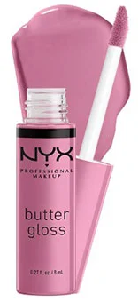 NYX Professional Makeup Butter Lip Gloss in pink shade with open applicator.