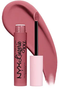 NYX Professional Makeup Lip Lingerie XXL Matte Liquid Lipstick in pink shade with applicator and swatch.