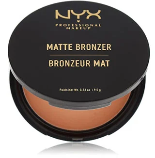 A round container of NYX PROFESSIONAL MAKEUP Matte Bronzer in medium shade featuring a sleek black lid with gold lettering indicating the product name. 