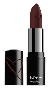 A close up image of NYX PROFESSIONAL MAKEUP Shout Loud Satin Lipstick featuring a deep burgundy shade displayed in its black tube with a heart design on the cap.