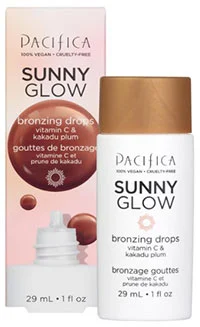 Bottle and packaging of Pacifica Beauty Sunny Glow Bronzing Drops with vitamin C and kakadu plum, highlighting the product's vegan and cruelty free attributes, 29 ml size.