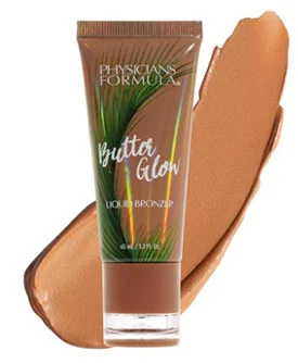 Physicians Formula Butter Glow Liquid Bronzer with product swatch showing a smooth, rich bronze tone.