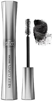 Image of Physicians Formula Killer Curves Curling Mascara in black, showcasing the sleek silver packaging alongside the brush applicator and a swatch of the mascara, emphasizing its curling effect.