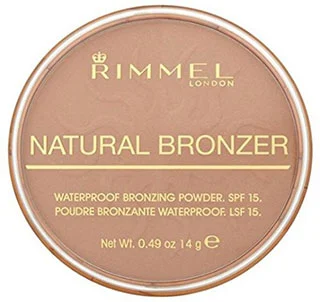 Rimmel London Natural Sun Bronzer packaging showing product details and SPF 15 waterproof bronzing powder.