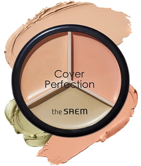 SAEM Cover Perfection Triple Pot Concealer with three shades in a circular compact, surrounded by swatches of the concealer colors.