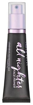 A tube of Urban Decay All Nighter Longwear Face Primer featuring a sleek black design with a pump top showcasing its purpose as a makeup primer for long lasting wear.