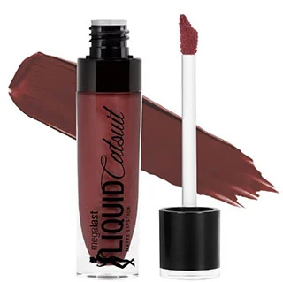 Wet n Wild Megalast Liquid Catsuit Matte Lipstick in dark red shade with open applicator and color swatch.