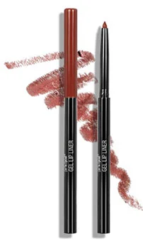 A Wet n Wild Color Icon lip liner pencil in dark brown positioned upright with swatches of dark brown lip color behind it, showcasing its creamy texture and rich pigmentation.